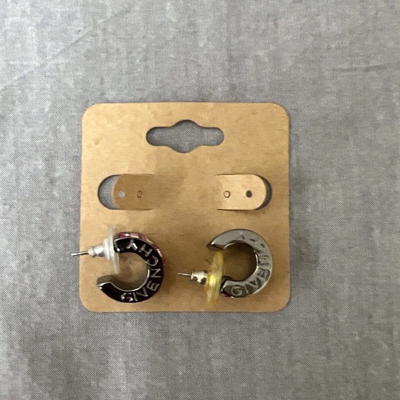 Women Signed Givenchy Earrings, Pewter Tone Rhinestone J Hoop Huggie, Piercing - Picture 3 of 9